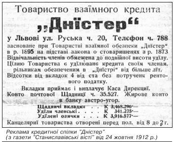 Реклама кредитної спілки "Дністер" (з газети "Станиславівські вісті" від 24 жовтня 1912 р.)