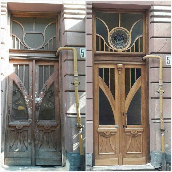 Двері на вул. Курбаса, 5 до і після реставрації