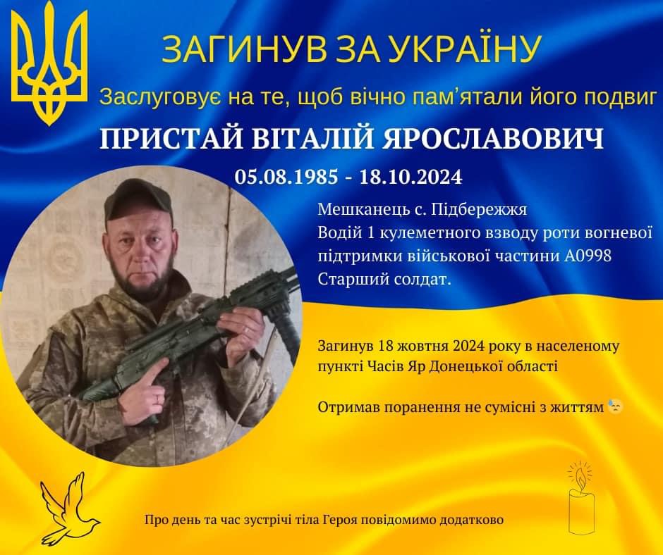 На війні загинув захисник з Прикарпаття Віталій Пристай